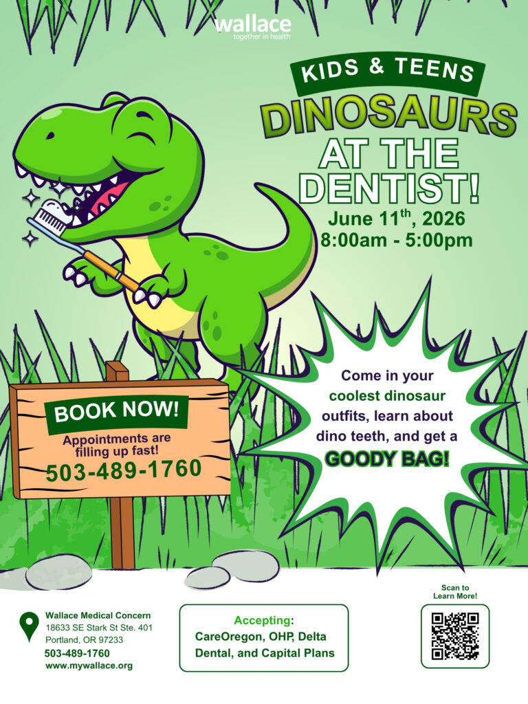 Kids and Teen Dinosaur Dental Cleaning flier. June 11th, from 5pm to 8pm. Call 503 489 1760 to register.